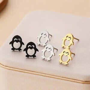 Set (3) Pair of PENGUIN Stud Earrings (Gold, Silver, Black)